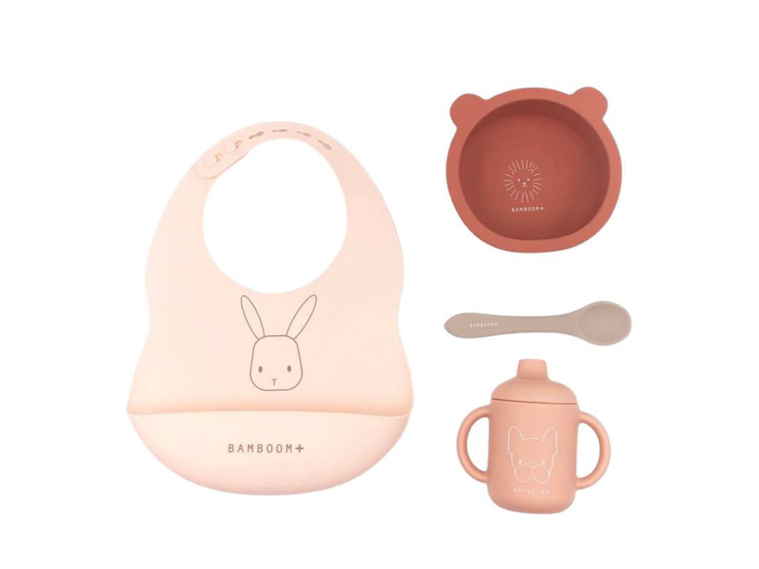 Bamboom set baby in silicone (bavaglino, scodella, cucchiaio, bicchiere con  beccuccio) prezzo 34,90 €